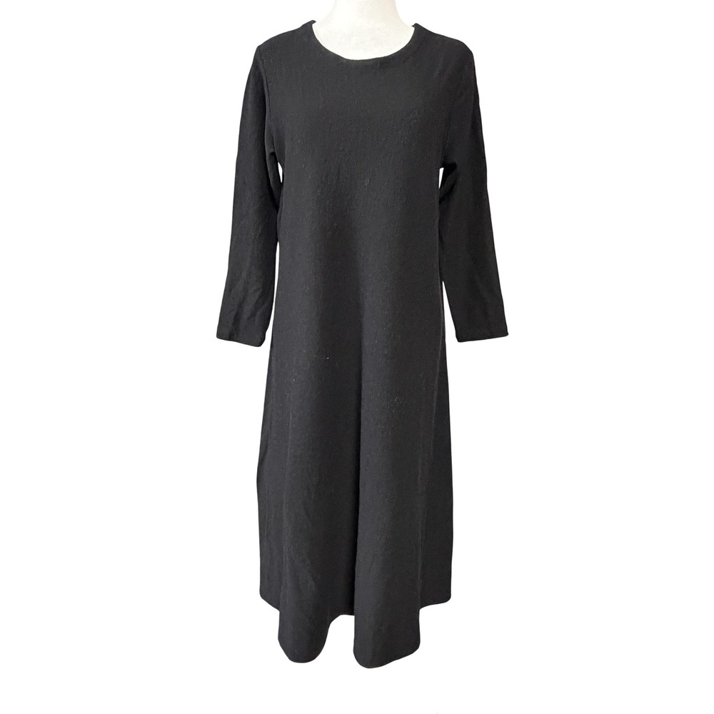 Eileen Fisher Dress Womens L Black Knit Shift 3/4 Sleeve Midi Pullover Casual